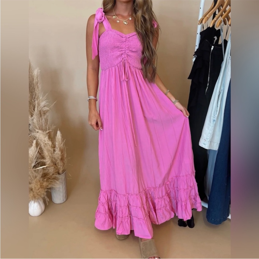 So Me Fuchsia Pink Smocked Tie Sleeve Cinched Long Ruffle Maxi Dress Barbie Pink